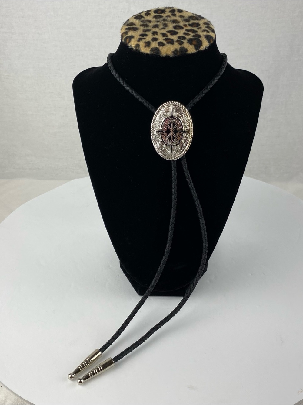 Black Braided Leather Bolo Tie with Silver Concho